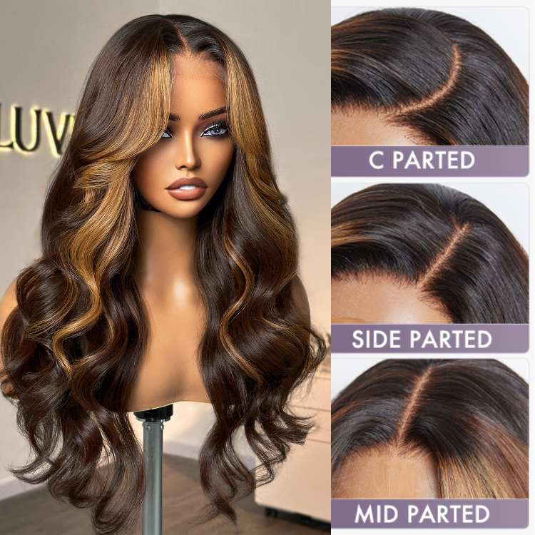 Breathable Cap Brown Highlight Loose Wave Glueless 5x5 Closure HD Lace Wig with Curtain Bangs