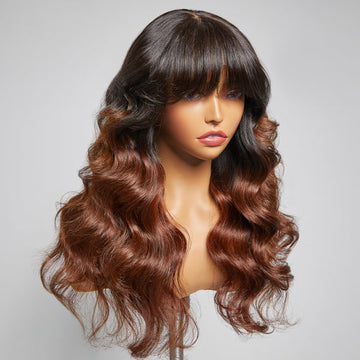 Limited Design | Letitia Chestnut Brown Ombre Loose Body Wave With Blunt Bangs 5x5 Closure Lace Glueless Wig | Large & Small Cap Size
