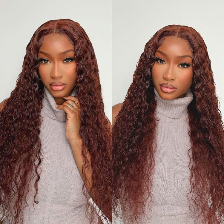 Casual Reddish Brown Curly 5x5 Closure Lace Glueless Mid Part Long Curly Wig 100% Human Hair