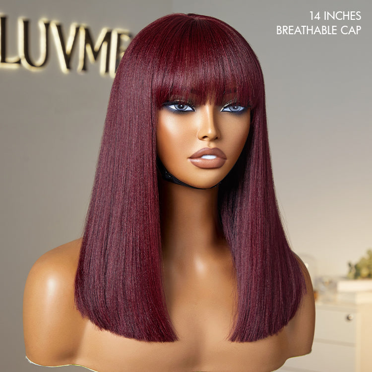 Put On and Go Realistic Glueless Yaki Straight Bob with Bangs Minimalist Lace Wig 100% Human Hair