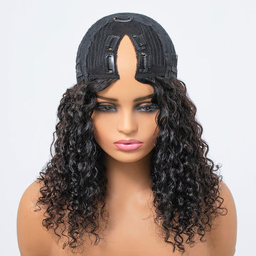 Beginner Friendly Deep Curly V Part Natural Scalp Glueless Mid Part Long Wig 100% Human Hair