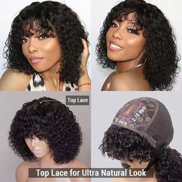 Luvme Natural Short Curly Human Hair Wig Top Lace Fringe Wig With Bangs