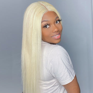 Blonde #613 Silky Straight 5x5 Closure Lace Glueless Mid Part Wig 100% Human Hair