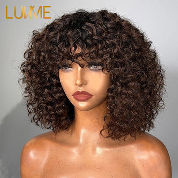 Throw On & Go Ombre Brown Water Wave No Lace Glueless Short Wig With Bangs 100% Human Hair