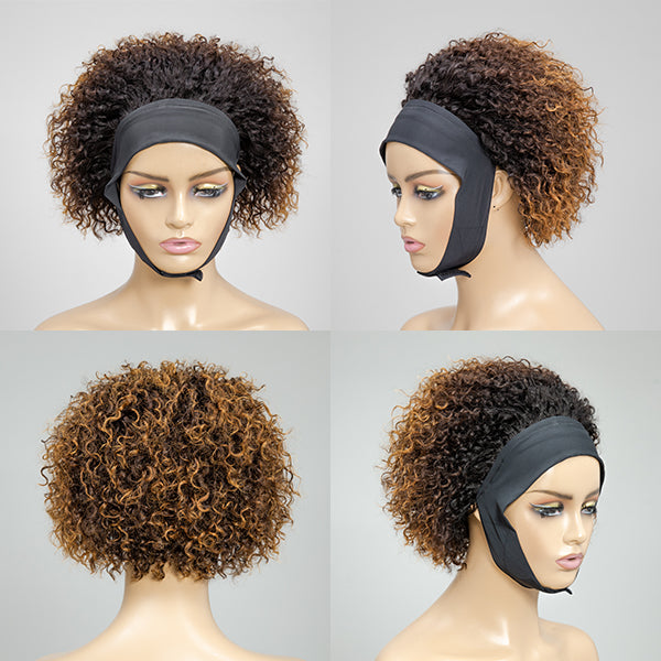 Throw On & Go Black To Brown Ombre Jerry Curly Glueless Short Headband Wig 100% Human Hair(Get Free Trendy Headbands)