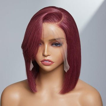 Burgundy New Trend Side-swept Bangs Glueless Wide T Lace Bob Wig 100% Human Hair