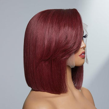 Burgundy New Trend Side-swept Bangs Glueless Wide T Lace Bob Wig 100% Human Hair