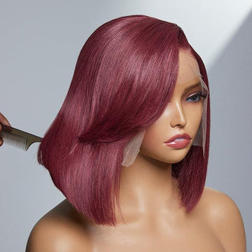 Burgundy New Trend Side-swept Bangs Glueless Wide T Lace Bob Wig 100% Human Hair