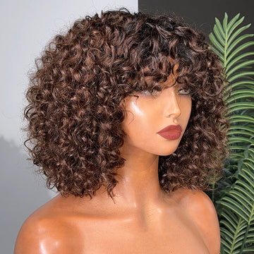 Throw On & Go Ombre Brown Water Wave No Lace Glueless Short Wig With Bangs 100% Human Hair