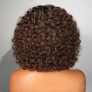 Throw On & Go Ombre Brown Water Wave No Lace Glueless Short Wig With Bangs 100% Human Hair