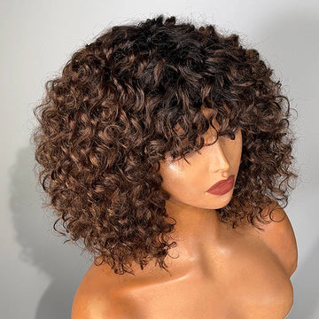 Throw On & Go Ombre Brown Water Wave No Lace Glueless Short Wig With Bangs 100% Human Hair