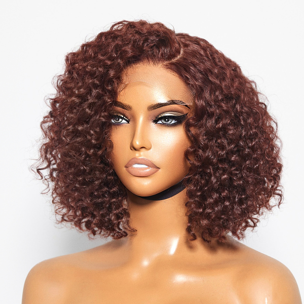 Reddish Brown Water Wave 4x4 Closure Lace Glueless C Part Short Wig 100% Human Hair - US ONLY-06