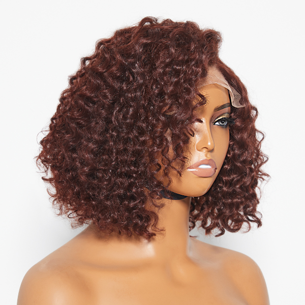 Reddish Brown Water Wave 4x4 Closure Lace Glueless C Part Short Wig 100% Human Hair - US ONLY-07