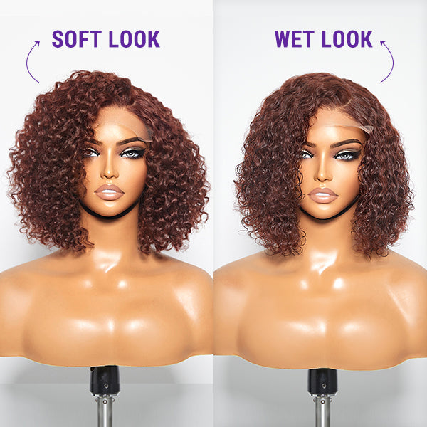 Reddish Brown Water Wave 4x4 Closure Lace Glueless C Part Short Wig 100% Human Hair - US ONLY-05