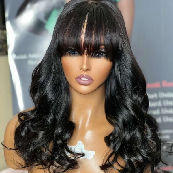 Luvme natural black loose wave 4x4 closure lace glueless wig with bangs, 100% human hair, styled with waves and bangs.
