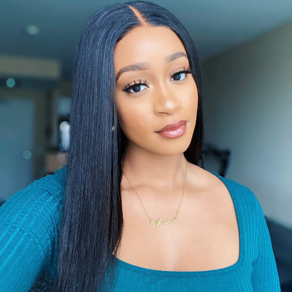Luvme 5x5 lace glueless straight closure wig, natural hairline and sleek straight style on a mannequin head.