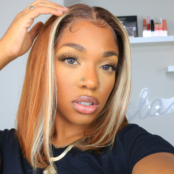 613 Highlight Amber Silky Straight Minimalist Lace Glueless Mid Part Bob Wig 100% Human Hair- US Only-02