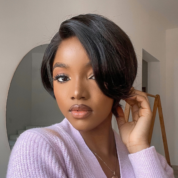 Luvme black pixie cut lace front wig with 13x4 frontal, short style, natural black hair, glueless design, C part detail