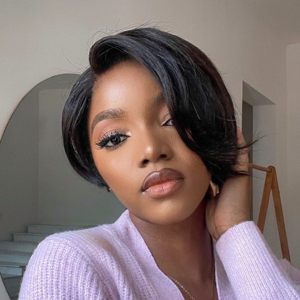 Luvme Black Pixie Cut Glueless 13x4 Frontal Lace C-Part Short Wig with natural hair texture and sleek finish.