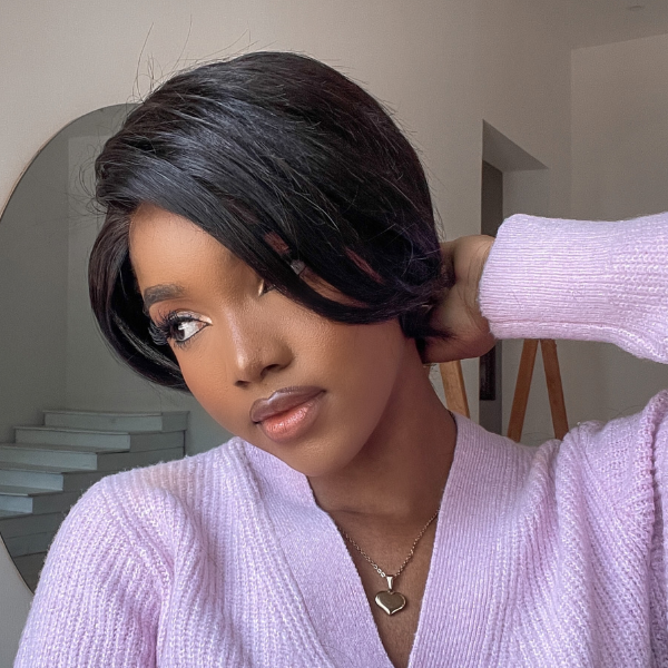 Luvme black pixie cut lace front wig with 13x4 frontal, short style, natural black color, glueless design, C part visible in image.