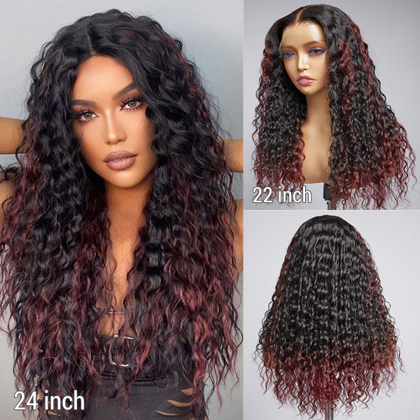 Limited Design | Burgundy Tails Highlight Deep Wave Glueless 13x4 Frontal HD Lace Long Wig 100% human hair-01