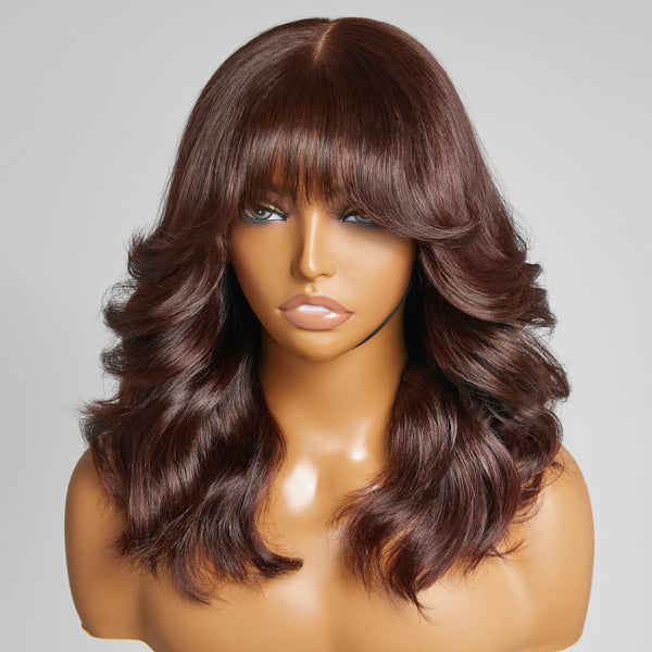 Chocolate brown layered loose body wave 4x4 closure lace wig with bangs, 100% human hair, styled with natural waves and full bangs.