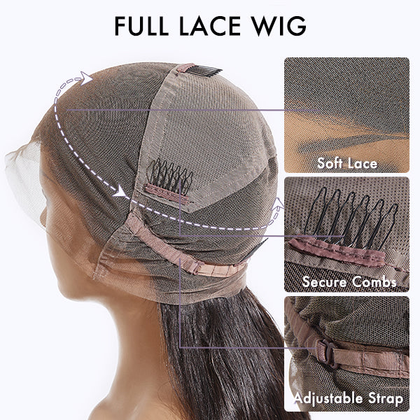 Luvme Hair full lace wig with natural black body wave and straight styles, featuring free parting and half up half down look