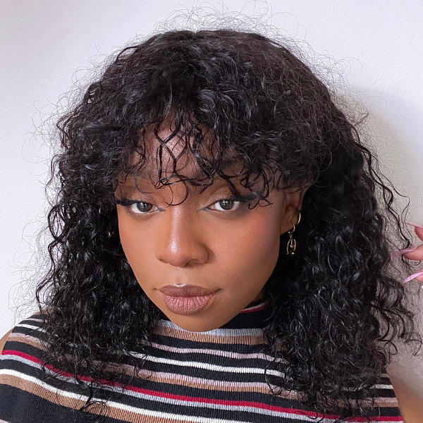 Luvme Hair Put On & Go Water Wave no lace glueless short wig with bangs, 100% human hair, styled with water waves and bangs.