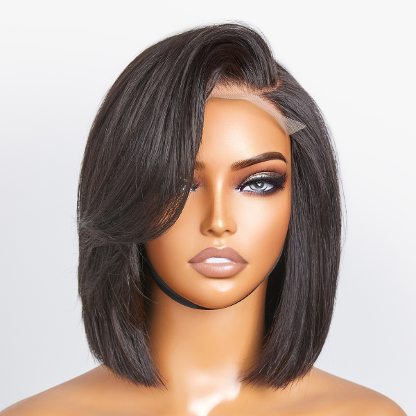 Beginner Friendly Straight Bob 5x5 Lace Glueless Left C Part Short 100% Human Hair Wig with Bangs-01
