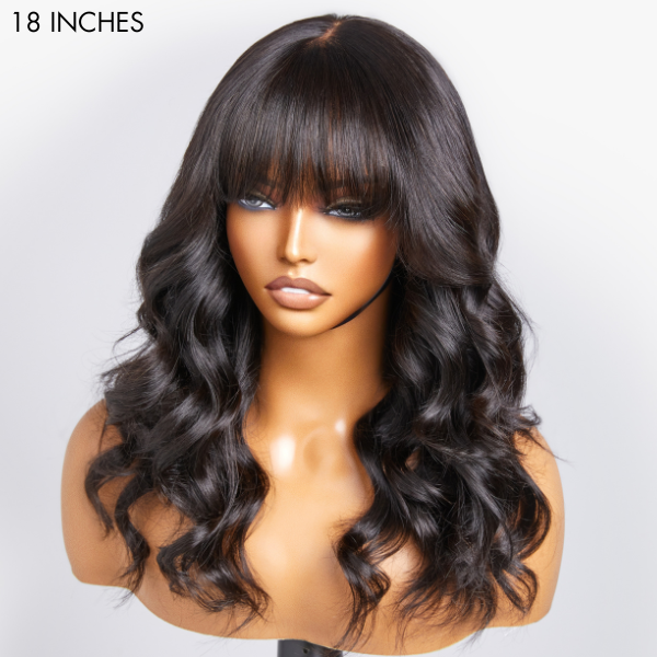 Breathable Cap Loose Wave 5x5 Closure Lace Glueless Human Hair Long Wig with Cute Bangs - US Only-09