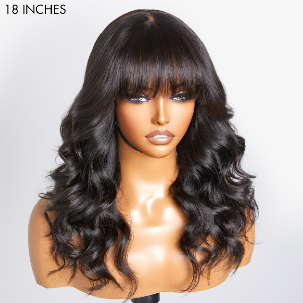 Breathable Cap Loose Wave 5x5 Closure Lace Glueless Human Hair Long Wig with Cute Bangs - US Only-10