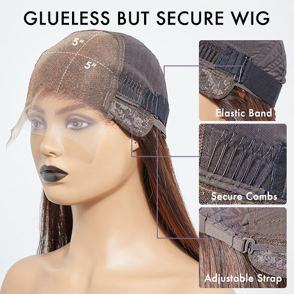 Honey blonde highlight silky straight 5x5 closure lace wig by Luvme, made from 100% human hair, glueless fit.
