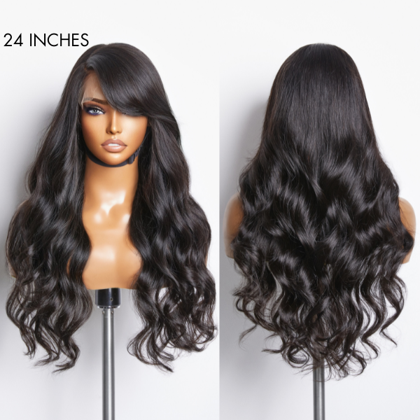 Graceful Natural Black Body Wave with Bangs 5x5 Closure Lace Glueless C Part Long Wig 100% Human Hair-07