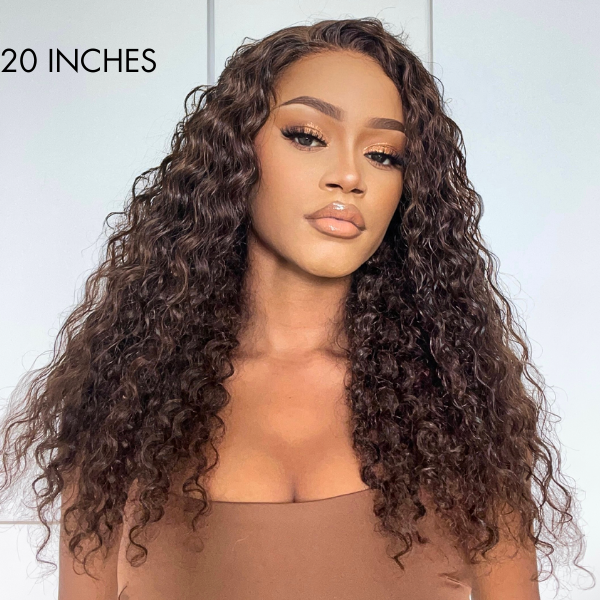 Luvme Hair brown water wave 5x5 closure lace glueless long wig with mid part, 100% human hair, natural waves and length