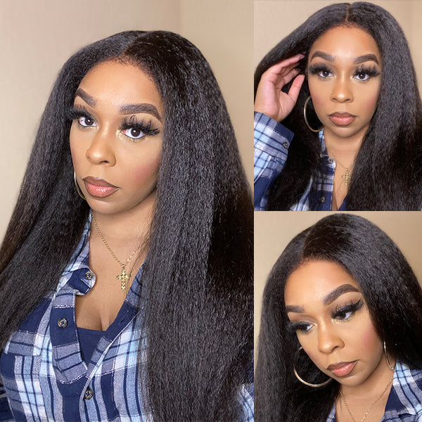Luvme 4C Edges natural black kinky straight 5x5 closure wig made of 100% human hair, glueless long wig for a natural look