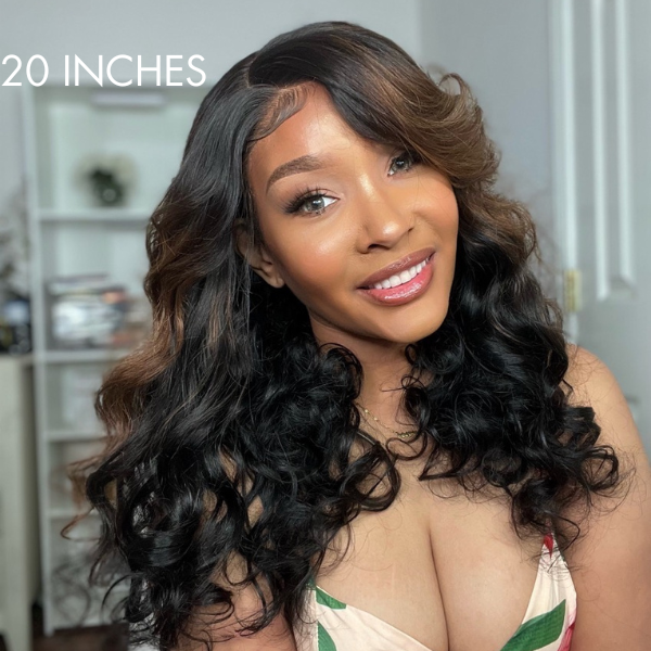 Brown Mix Black / Natural Black C Part Glueless Loose Wave 5x5 Closure Wig with Bangs- US ONLY-02