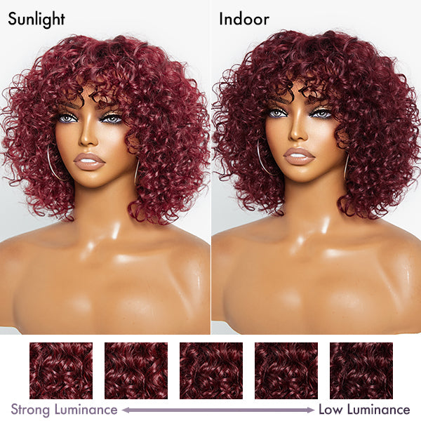 Special Deal | Beginner Friendly Dark Red Water Wave Glueless Minimalist Lace Curly Wig with Bangs-04