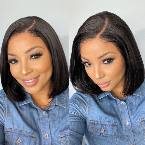 Exclusive Deal | Super Natural C Part Natural Black / Blonde Highlight Glueless Lace Bob Wig 100% Human Hair | Fits All Face Shapes-05