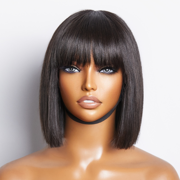 Luvme Hair beginner-friendly glueless silky straight bob wig with bangs, face-framing style, easy to wear, throw-on-and-go design.