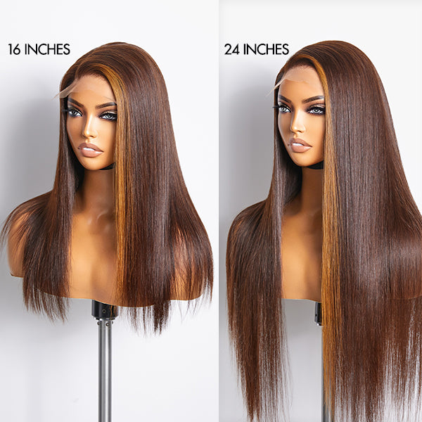 Honey blonde highlight silky straight 5x5 closure lace wig by Luvme, made from 100% human hair, showcasing the lace closure detail.