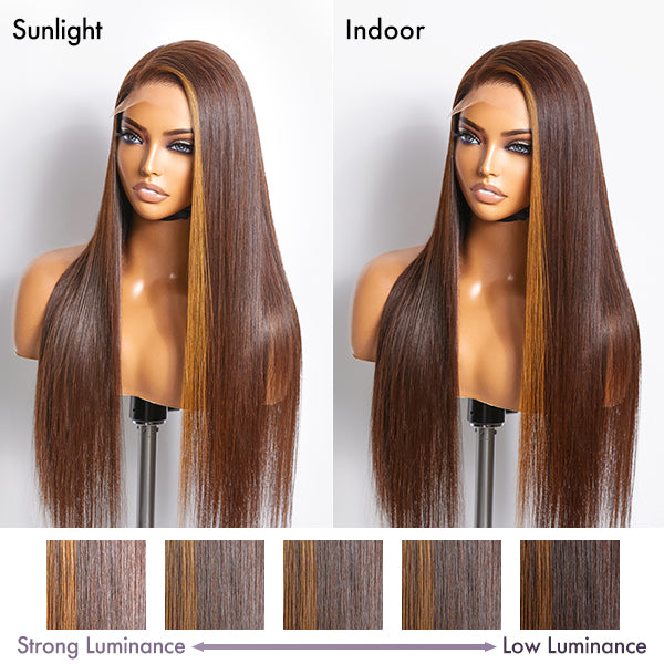 Honey blonde highlight silky straight 5x5 lace closure wig by Luvme, made with 100% human hair, showing the lace closure and hair texture.