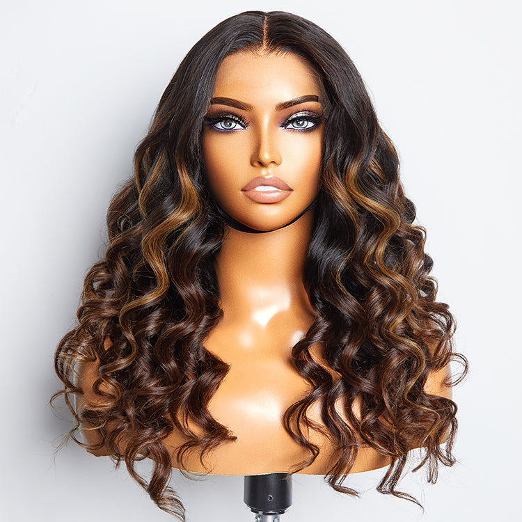 Beginner Friendly Brown Highlights Bouncy Loose Wave Glueless Minimalist HD Lace Wig