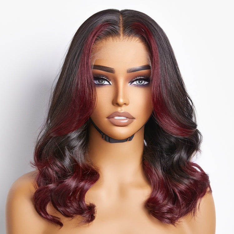 Dark red highlight loose wave 5x5 closure HD lace wig by Luvme Hair, featuring glueless design and large or small cap options.