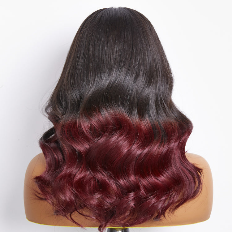 Dark red highlight 5x5 closure wig by Luvme Hair with loose wave texture and HD lace, available in large and small cap sizes.