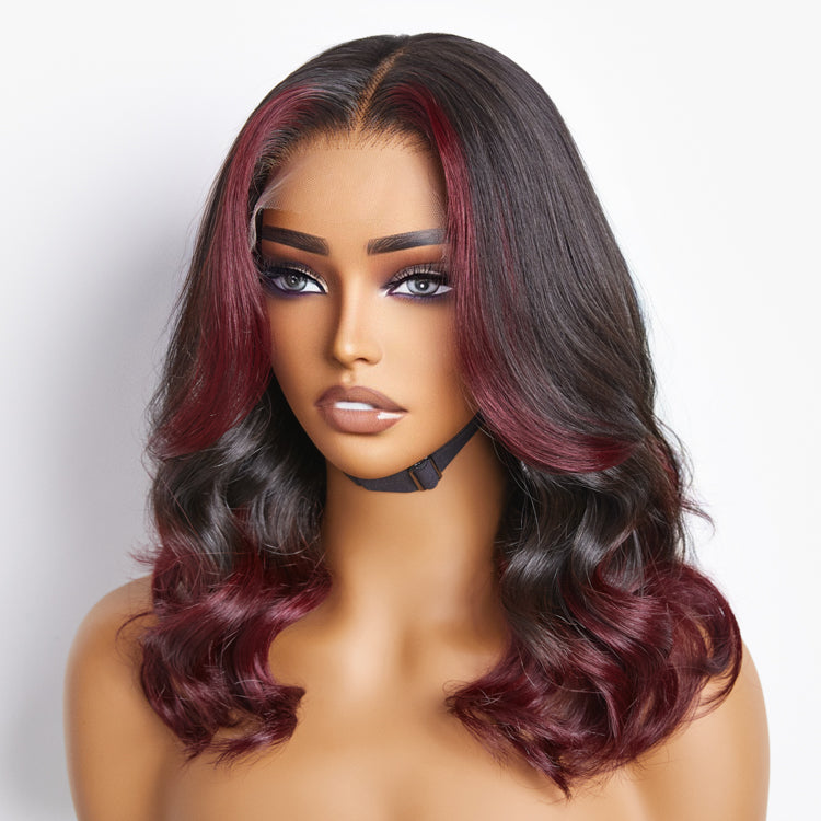 Dark red highlight 5x5 closure wig with loose waves, HD lace, from Luvme Hair, featuring large and small cap size options.