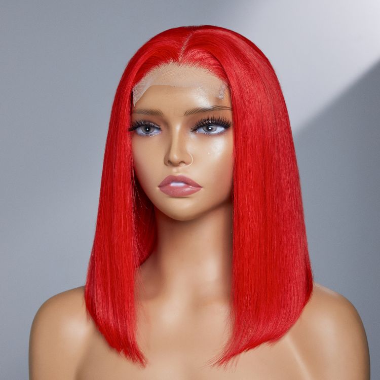 Luvme Fairycore red 4x4 closure bob wig made of 100% human hair, displayed on a mannequin head.