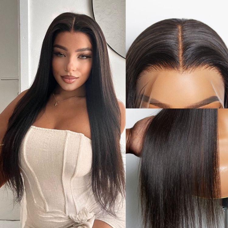 Luvme full lace wig with natural black body wave and straight styles, featuring free parting and half up half down hairstyle