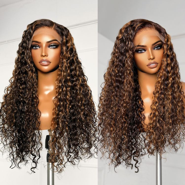 Flash Sale | Brown Highlights Funmi Curly Glueless 5x5 Closure Lace Wig Beginner Friendly | Large & Small Cap Size