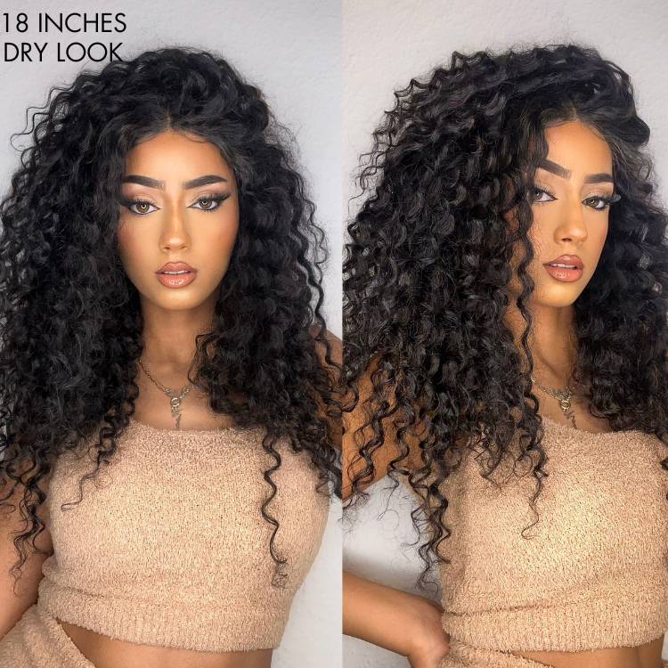 Luvme deep wave 4x4 closure lace glueless long curly human hair wig with a mid-part style.