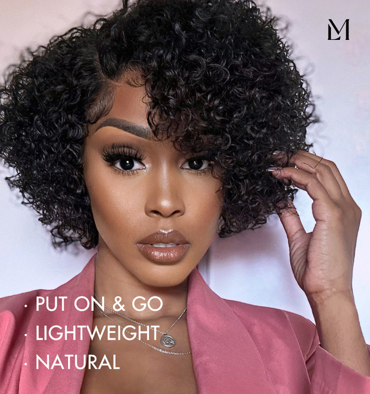 Exclusive Sale | Trendy Short Cut Curly Minimalist HD Lace Glueless Side Part Wig 100% Human Hair-03